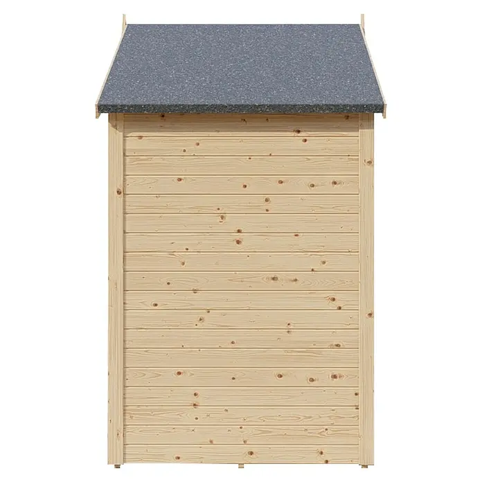 Bertilo Gerätehaus Sylt 1 - Außenmaß inkl. Dachüberstand (B x T): 202 x 131 cm, Holz, Natur - Ansicht eines Holzschuppens mit einem grauen Dach. Der Schuppen ist aus hellen, horizontalen Brettern gefertigt.