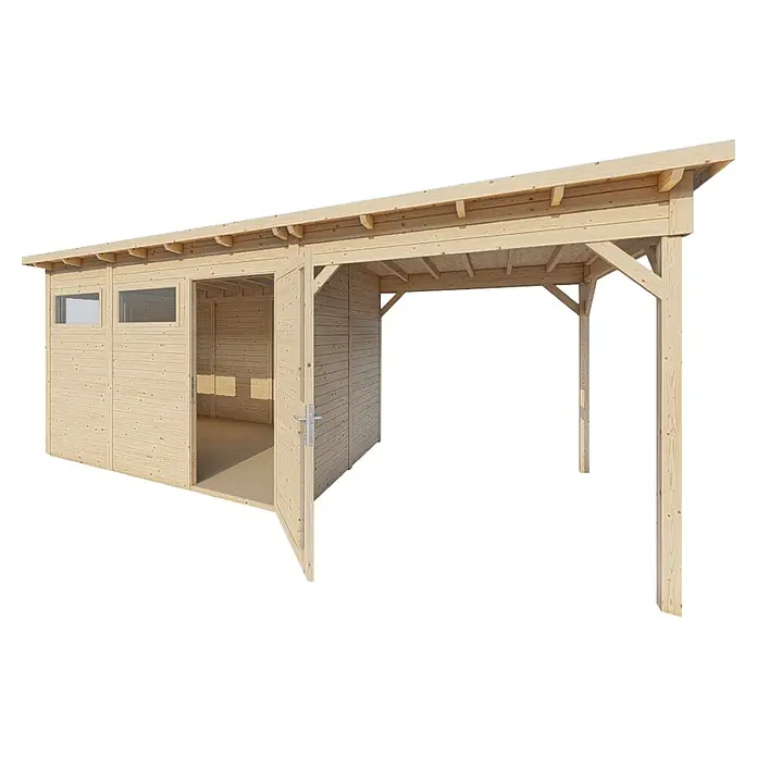 Bertilo Gerätehaus Pentus 3 Lounge - Außenmaß inkl. Dachüberstand (B x T): 581 x 265 cm, Holz, Natur - Geräumiger Holzschuppen mit Carport, ideal für die Aufbewahrung von Gartengeräten und als überdachter Stellplatz für Fahrzeuge.