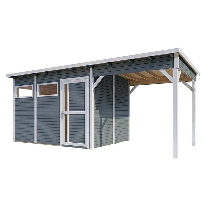 Bertilo Gerätehaus Pentus 3 Lounge - Außenmaß inkl. Dachüberstand (B x T): 581 x 265 cm, Holz, Hellgrau - Abbildung eines modernen Gerätehauses mit Carport. Das Haus ist grau mit weißen Akzenten und verfügt über Fenster und eine Tür.