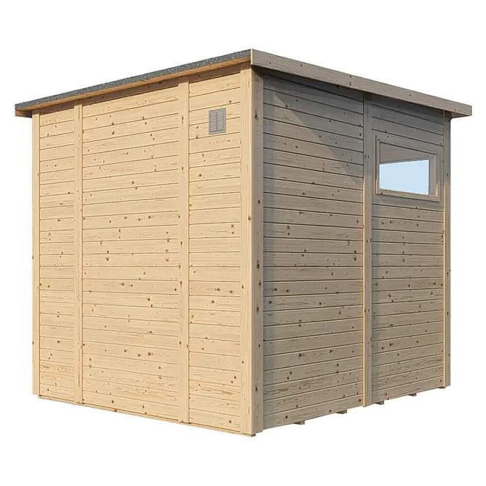 Bertilo Gerätehaus Pentus 2 - Außenmaß inkl. Dachüberstand (B x T): 247 x 265 cm, Holz, Natur - Das Bild zeigt eine moderne, unbehandelte Holzsauna mit einem kleinen Fenster und einem Lüftungsgitter, ideal für den Garten.