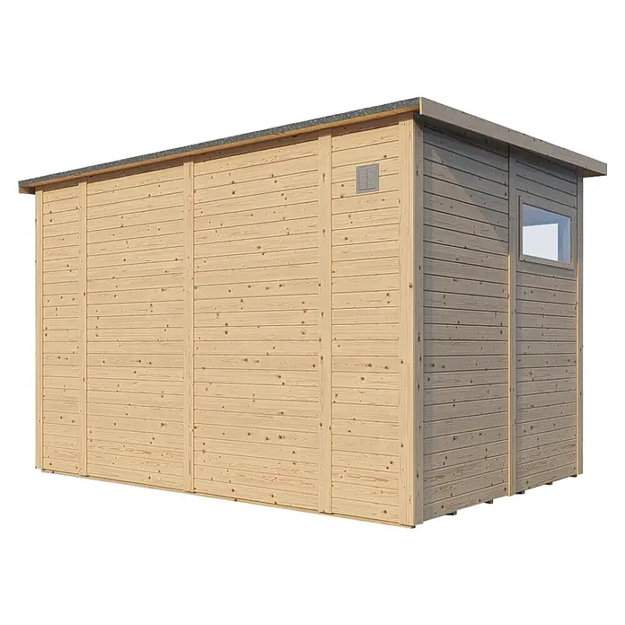 Bertilo Gerätehaus Pentus 3 - Außenmaß inkl. Dachüberstand (B x T): 359 x 265 cm, Holz, Natur - Außenansicht eines modernen Gartenhauses mit Holzverkleidung, kleinem Fenster und Lüftungsgitter. Ideal für Garten und Freizeit.