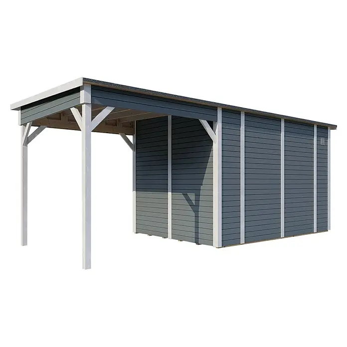 Bertilo Gerätehaus Pentus 3 Lounge - Außenmaß inkl. Dachüberstand (B x T): 581 x 265 cm, Holz, Hellgrau - Bild eines modernen Carports in Grau und Weiß mit Holzstruktur. Ideal zum Schutz von Fahrzeugen vor Witterungseinflüssen.