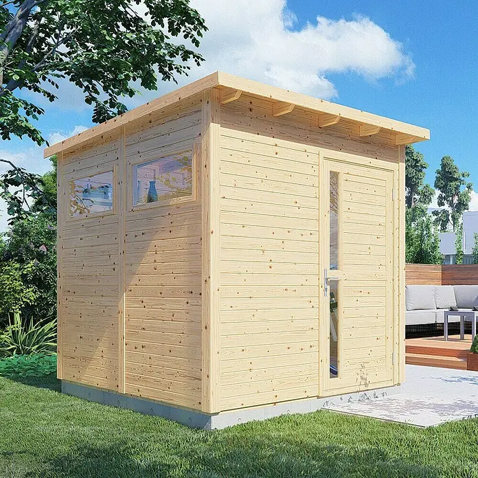 Bertilo Gerätehaus Pentus 2 - Außenmaß inkl. Dachüberstand (B x T): 247 x 265 cm, Holz, Natur - Abbildung eines modernen Gartenhauses mit Holzwänden, Fenstern und einer Tür auf einer grünen Rasenfläche.