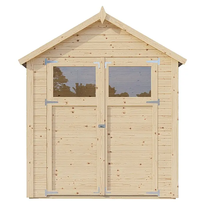 Bertilo Gerätehaus Sylt 1 - Außenmaß inkl. Dachüberstand (B x T): 202 x 131 cm, Holz, Natur - Abbildung eines Holzgartenschuppens mit Doppeltüren und Fenstern, ideal für die Lagerung im Freien und den Gartenbereich.