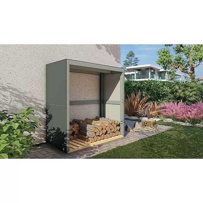 Bertilo Kaminholzregal HPL Fire 2 - 151 x 76 x 154 cm, Holz, Anthrazit/Hellgrau - Stimmungsaufnahme