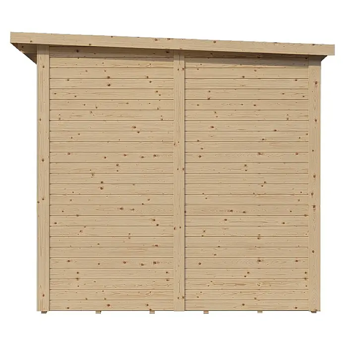 Bertilo Gerätehaus Pentus 3 - Außenmaß inkl. Dachüberstand (B x T): 359 x 265 cm, Holz, Natur - Diese Aufnahme zeigt die Rückseite eines Holzschuppens mit geneigtem Dach und horizontalen Holzpaneelen.
