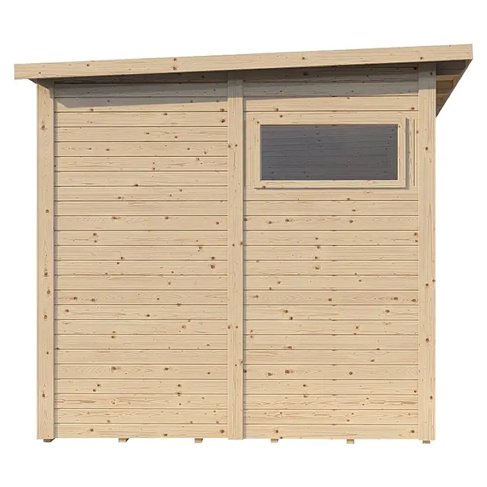 Bertilo Gerätehaus Pentus 3 Lounge - Außenmaß inkl. Dachüberstand (B x T): 581 x 265 cm, Holz, Natur - Ein Holzzaun mit einem Fenster, der eine natürliche und robuste Struktur zeigt, ideal für Gärten oder als Sichtschutz.