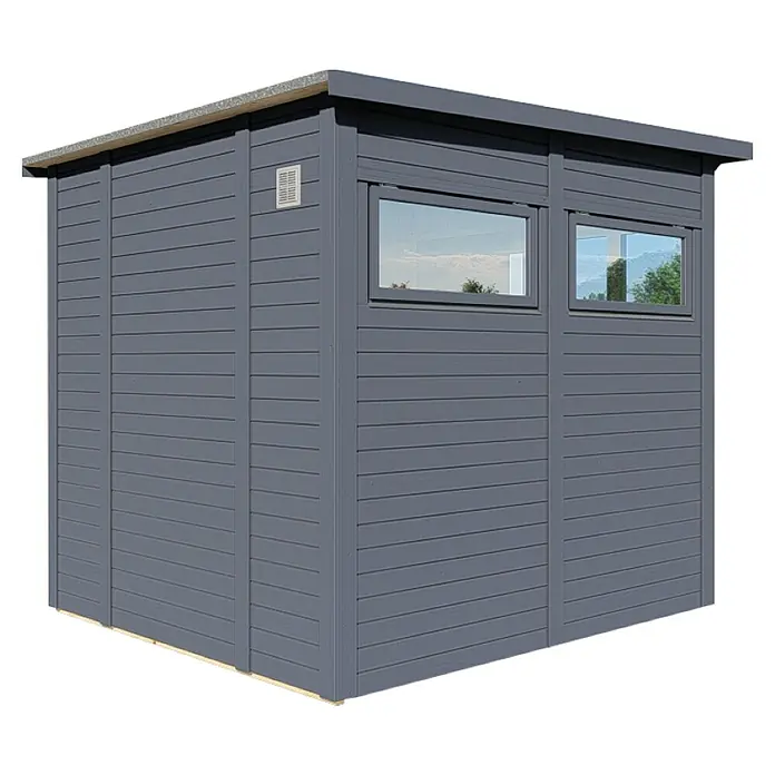 Bertilo Gerätehaus Pentus 2 Lux - Außenmaß inkl. Dachüberstand (B x T): 247 x 265 cm, Holz, Anthrazitgrau - Außenansicht eines modernen, grauen Gartenhauses mit horizontaler Holzverkleidung, zwei Fenstern und einem flachen Dach.