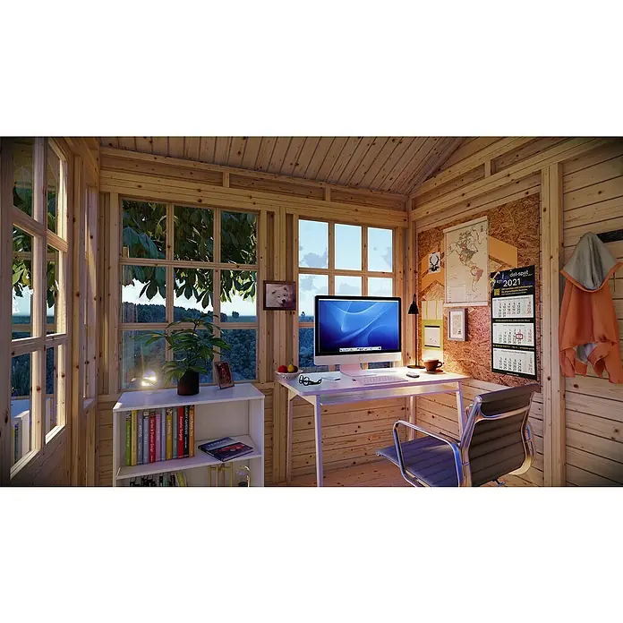 Bertilo Gerätehaus Teahouse - Außenmaß inkl. Dachüberstand (B x T): 276 x 266 cm, Holz, Natur - Gemütliches Homeoffice in einem Holzhaus mit Schreibtisch, iMac und Bücherregal, ideal zum produktiven Arbeiten in der Natur.