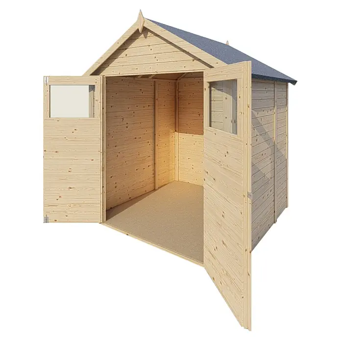 Bertilo Gerätehaus Sylt 2 - Außenmaß inkl. Dachüberstand (B x T): 202 x 191 cm, Holz, Natur - Ein offenes Holzgartenhaus mit Fenstern in den Türen bietet viel Platz und eine freundliche Atmosphäre.