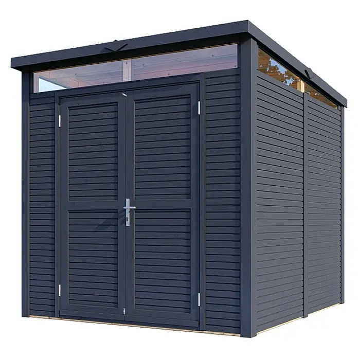 Bertilo Gerätehaus Woodline - Außenmaß inkl. Dachüberstand (B x T): 226 x 240 cm, Holz, Anthrazitgrau - Ein modernes Gartenhaus mit Doppeltür und Oberlicht für zusätzlichen Lichteinfall im schlichten, dunklen Design.