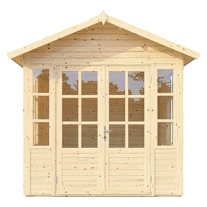Bertilo Gerätehaus Teahouse - Außenmaß inkl. Dachüberstand (B x T): 276 x 266 cm, Holz, Natur - Ein helles Holzgartenhaus mit Doppeltüren und Fenstern, ideal für den Garten als zusätzlichen Raum.