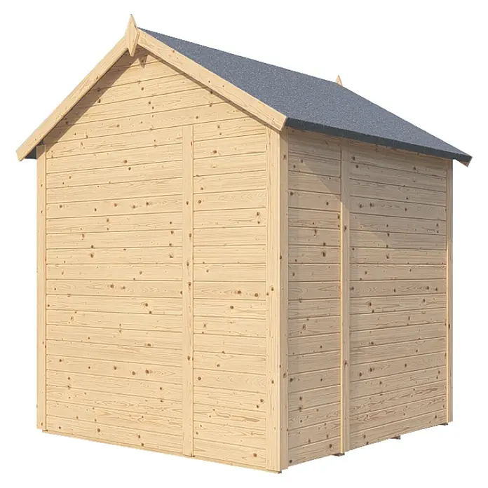 Bertilo Gerätehaus Sylt 2 - Außenmaß inkl. Dachüberstand (B x T): 202 x 191 cm, Holz, Natur - Abbildung eines hellen Holzgartenhauses mit einem geneigten grauen Dach und dekorativen Giebelverzierungen.