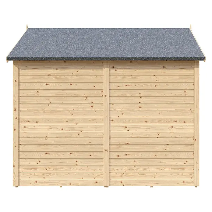 Bertilo Gerätehaus Sylt 3 - Außenmaß inkl. Dachüberstand (B x T): 202 x 252 cm, Holz, Natur - Ansicht eines Holzgartenhauses mit grauem Dach, das eine robuste und natürliche Bauweise zeigt. Ideal für die Aufbewahrung im Garten.