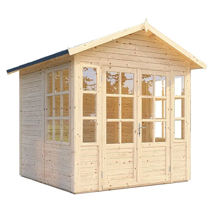 Bertilo Gerätehaus Teahouse - Außenmaß inkl. Dachüberstand (B x T): 276 x 266 cm, Holz, Natur - Ein Blockhaus-Gartenhaus mit Fenstern und einer Doppeltür aus hellem Holz mit einem Giebeldach für den Garten.