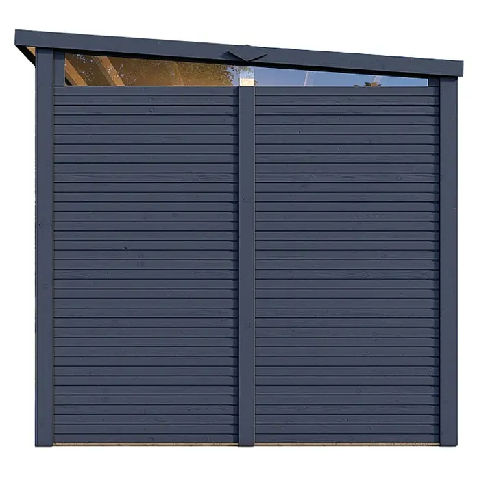 Bertilo Gerätehaus Woodline - Außenmaß inkl. Dachüberstand (B x T): 226 x 240 cm, Holz, Anthrazitgrau - Nahaufnahme einer stilvollen, dunkelgrauen Holzgartenwand mit horizontalen Brettern und dezentem Oberlicht für Privatsphäre und natürliches Licht.
