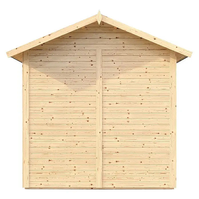 Bertilo Gerätehaus Teahouse - Außenmaß inkl. Dachüberstand (B x T): 276 x 266 cm, Holz, Natur - Nahaufnahme eines Gartenhauses aus Holz mit Giebeldach und horizontaler Holzverkleidung, ideal für die Gartenaufbewahrung.