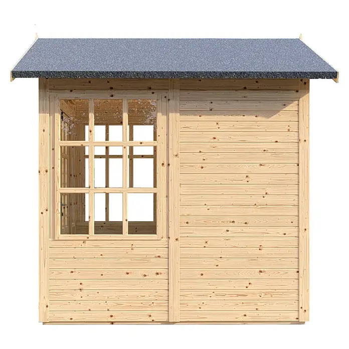 Bertilo Gerätehaus Teahouse - Außenmaß inkl. Dachüberstand (B x T): 276 x 266 cm, Holz, Natur - Bild eines hölzernen Spielhauses mit Fenster und grauem Dach. Ideal für Kinder zum Spielen im Garten und als Outdoor-Spielplatz.
