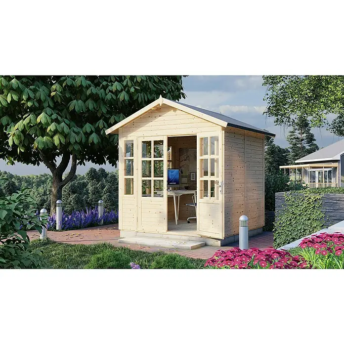 Bertilo Gerätehaus Teahouse - Außenmaß inkl. Dachüberstand (B x T): 276 x 266 cm, Holz, Natur - Helles Holzgartenbüro mit Glastüren und Fenstern, eingebettet in üppiges Grün. Der ideale Rückzugsort für konzentriertes Arbeiten im Freien.