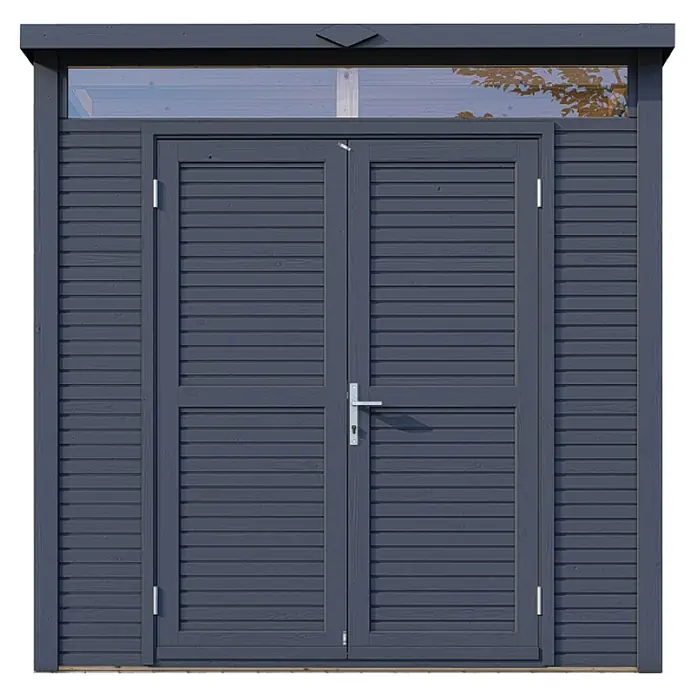 Bertilo Gerätehaus Woodline - Außenmaß inkl. Dachüberstand (B x T): 226 x 240 cm, Holz, Anthrazitgrau - Eine graue Holzhütte mit Doppeltür und Oberlicht, ideal für Gartenwerkzeuge. Praktischer Stauraum im Außenbereich.