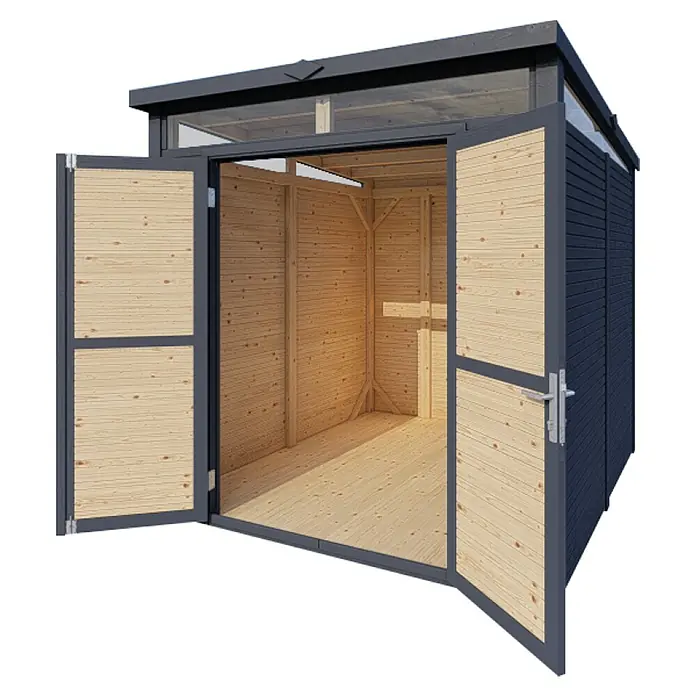 Bertilo Gerätehaus Woodline - Außenmaß inkl. Dachüberstand (B x T): 226 x 240 cm, Holz, Anthrazitgrau - Geräumiger, grauer Geräteschuppen mit Doppeltür geöffnet, der Einblick in den hellen Holzinnenraum bietet und viel Stauraum verspricht.