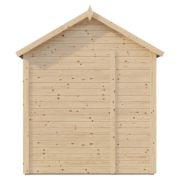 Bertilo Gerätehaus Sylt 3 - Außenmaß inkl. Dachüberstand (B x T): 202 x 252 cm, Holz, Natur - Abbildung eines Holzschuppens mit Giebeldach und Holztür. Der Schuppen besteht aus hellen, horizontalen Holzbrettern und hat einen kleinen Ziergiebel.