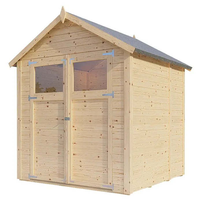 Bertilo Gerätehaus Sylt 2 - Außenmaß inkl. Dachüberstand (B x T): 202 x 191 cm, Holz, Natur - Bild eines Holzschuppens mit Doppeltür und zwei Fenstern, ideal für die Gartenaufbewahrung.