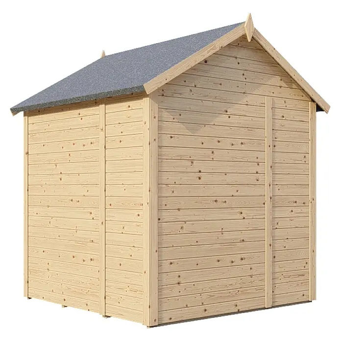 Bertilo Gerätehaus Sylt 2 - Außenmaß inkl. Dachüberstand (B x T): 202 x 191 cm, Holz, Natur - Dieses Bild zeigt ein helles, unbehandeltes Holzgartenhaus mit einem grauen Dach. Das Gartenhaus hat eine einfache Tür und eine schlichte, funktionale Bauweise.