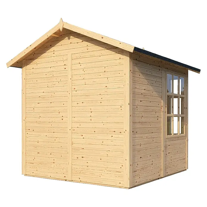 Bertilo Gerätehaus Teahouse - Außenmaß inkl. Dachüberstand (B x T): 276 x 266 cm, Holz, Natur - Abbildung eines hellen Holzgartenhauses mit Satteldach und Fenster. Ideal für die Aufbewahrung von Gartengeräten oder als Hobbyraum.