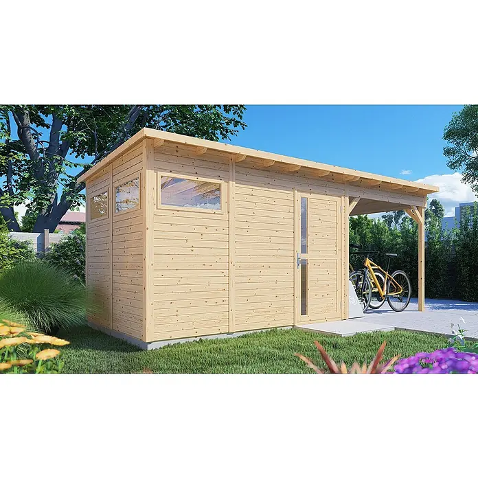Bertilo Gerätehaus Pentus 3 Lounge - Außenmaß inkl. Dachüberstand (B x T): 581 x 265 cm, Holz, Natur - Moderne Gartenlaube aus Holz mit integriertem Fahrradunterstand und seitlichen Fenstern, ideal für Gartenutensilien und Fahrräder.