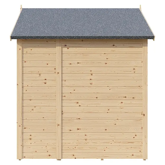 Bertilo Gerätehaus Sylt 2 - Außenmaß inkl. Dachüberstand (B x T): 202 x 191 cm, Holz, Natur - Außenansicht eines Holzschuppens mit grauem Dach. Der Schuppen ist aus hellen Holzbrettern gefertigt.