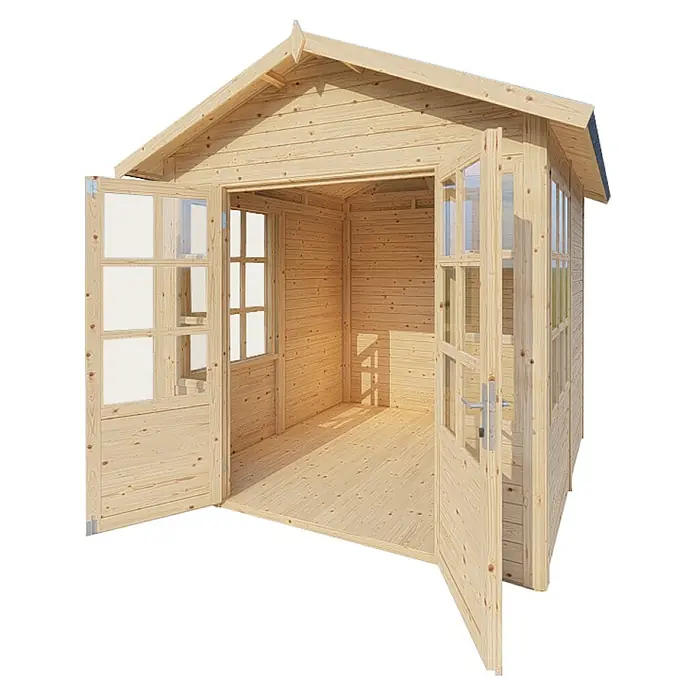 Bertilo Gerätehaus Teahouse - Außenmaß inkl. Dachüberstand (B x T): 276 x 266 cm, Holz, Natur - Ein geräumiges Gartenhaus aus Holz mit Doppeltüren und Fenstern, ideal für den Garten. Das Haus bietet viel Stauraum und Tageslicht.