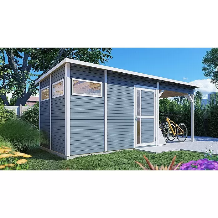 Bertilo Gerätehaus Pentus 3 Lounge - Außenmaß inkl. Dachüberstand (B x T): 581 x 265 cm, Holz, Hellgrau - Blauer Holzgeräteschuppen mit weißem Zierleisten und integriertem Fahrradunterstand, in einem sonnigen Garten.