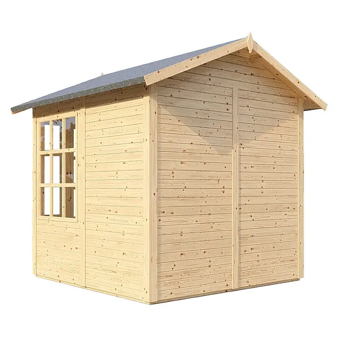 Bertilo Gerätehaus Teahouse - Außenmaß inkl. Dachüberstand (B x T): 276 x 266 cm, Holz, Natur - Ein helles Holzgartenhaus mit Fenster und Giebeldach, ideal für die Aufbewahrung von Gartengeräten oder als kleines Büro im Freien.
