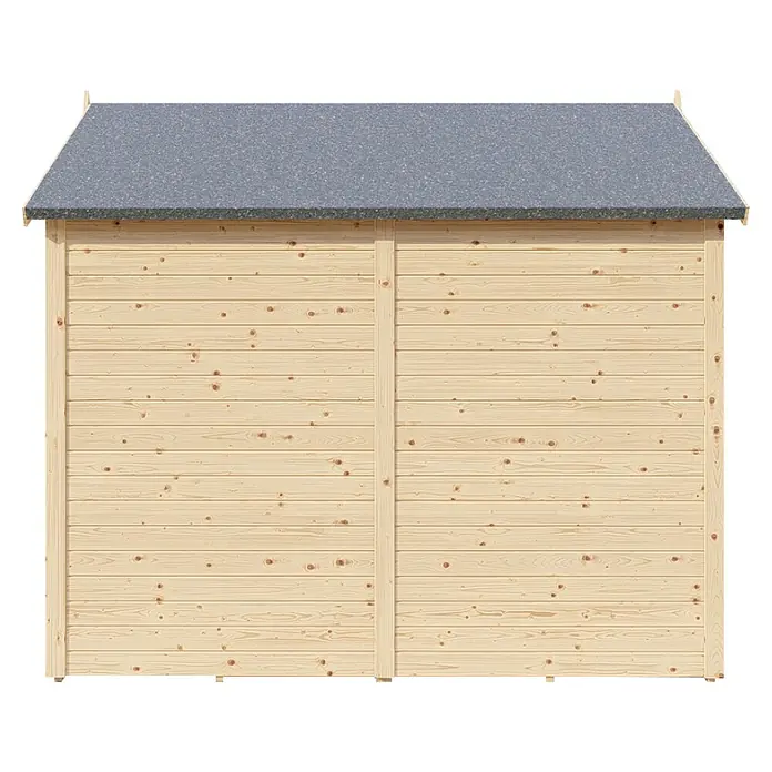 Bertilo Gerätehaus Sylt 3 - Außenmaß inkl. Dachüberstand (B x T): 202 x 252 cm, Holz, Natur - Ansicht eines Holzschuppens mit grauem Dach, der Stabilität und Schutz bietet. Ideal für die Gartenaufbewahrung und Werkzeuge.