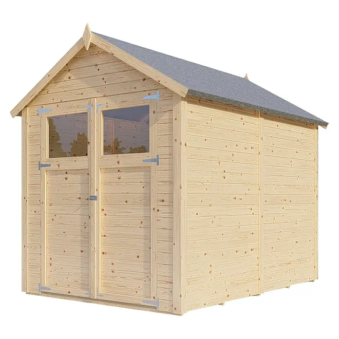 Bertilo Gerätehaus Sylt 3 - Außenmaß inkl. Dachüberstand (B x T): 202 x 252 cm, Holz, Natur - Eine detaillierte Ansicht eines Holzgartenhauses mit Doppeltüren und Fenstern unter einem grauen Satteldach, ideal für die Gartengeräteaufbewahrung.