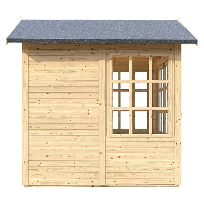 Bertilo Gerätehaus Teahouse - Außenmaß inkl. Dachüberstand (B x T): 276 x 266 cm, Holz, Natur - Außenansicht eines Holzgartenhauses mit Fenster. Das Gartenhaus hat ein graues Dach und ist aus hellem Holz gefertigt.