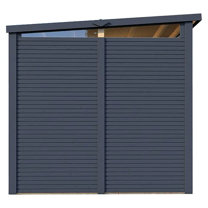 Bertilo Gerätehaus Woodline - Außenmaß inkl. Dachüberstand (B x T): 226 x 240 cm, Holz, Anthrazitgrau - Nahaufnahme einer modernen, dunkelgrauen Holzwand mit horizontalen Brettern und minimalistischem Design, ideal für stilvolle Außenbereiche.