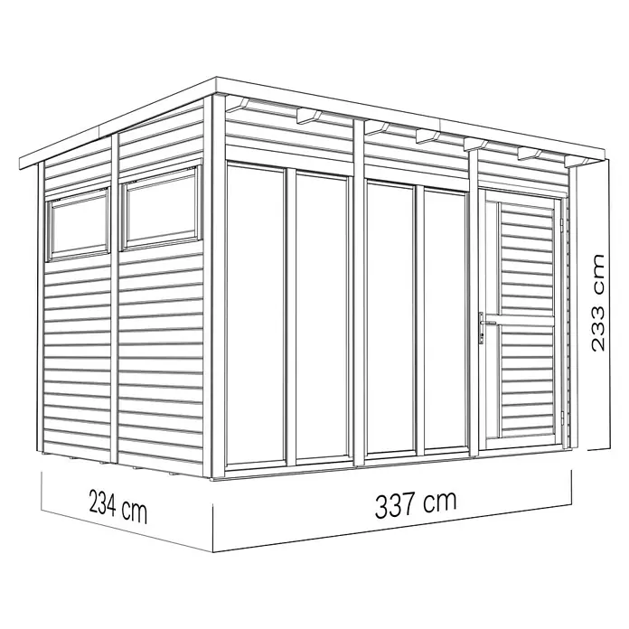 Bertilo Gartenhaus Pentus 3 Office - Außenmaß inkl. Dachüberstand (B x T): 359 x 265 cm, Holz, Anthrazit - Außenansicht eines Gartenhauses mit Fenster und Tür, Maße sind angegeben.