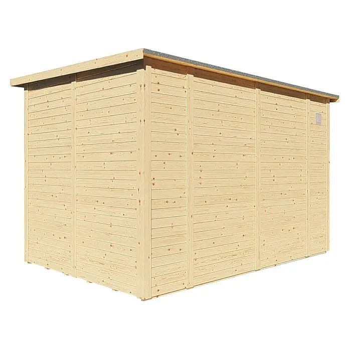 Bertilo Gerätehaus Pentus 3 Office - Außenmaß inkl. Dachüberstand (B x T): 359 x 265 cm, Holz, Natur - Außenansicht eines Holzgartenhauses mit horizontaler Holzverkleidung und flachem Dach. Das Gartenhaus ist unbehandelt und naturbelassen.