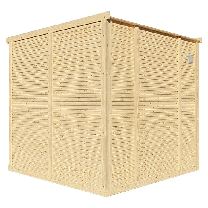 Bertilo Gartenhaus Concept Office - Außenmaß inkl. Dachüberstand (B x T): 237 x 310 cm, Holz, Natur - Ansicht eines Holzgartenschuppens mit horizontaler Holzverkleidung und quadratischem Lüftungsgitter, ideal zur Aufbewahrung von Gartengeräten.