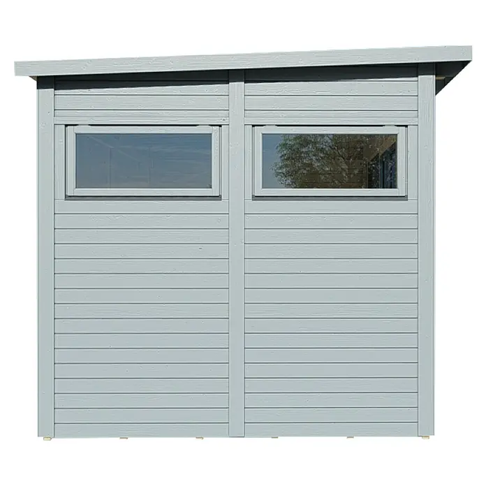 Bertilo Gartenhaus Pentus 3 Office - Außenmaß inkl. Dachüberstand (B x T): 359 x 265 cm, Holz, Hellgrau, Weiß - Ein graues Gartenhaus mit zwei Fenstern und horizontaler Holzverkleidung. Das Gartenhaus bietet Stauraum und eine gute Beleuchtung.