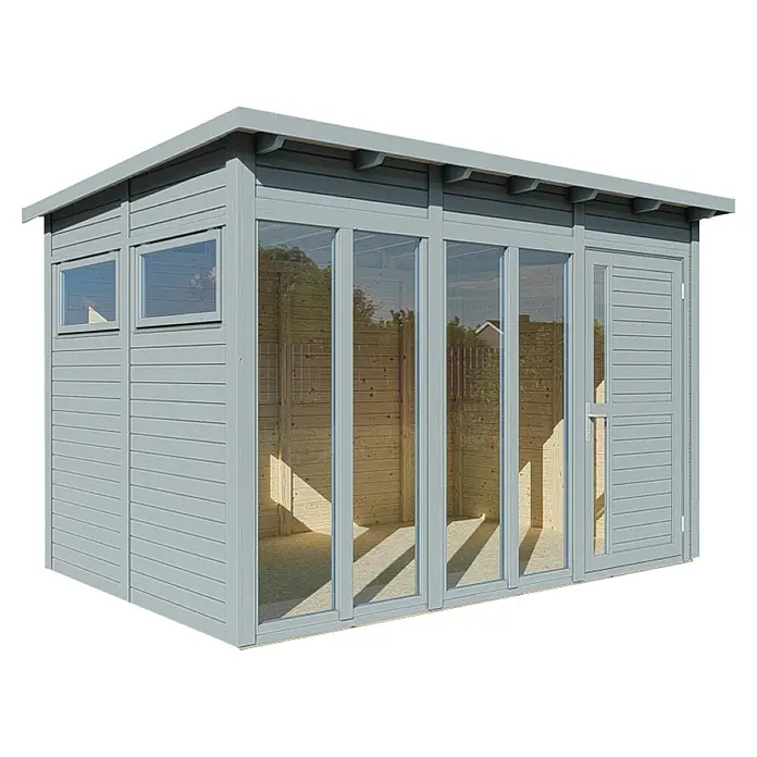 Bertilo Gartenhaus Pentus 3 Office - Außenmaß inkl. Dachüberstand (B x T): 359 x 265 cm, Holz, Hellgrau, Weiß - Bild eines modernen Gartenhauses mit großen Fensterfronten und einer grauen Holzverkleidung. Das Gartenhaus bietet viel Tageslicht und einen stilvollen Look.