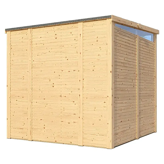 Bertilo Gerätehaus Woodline - Außenmaß inkl. Dachüberstand (B x T): 226 x 240 cm, Holz, Natur - Nahaufnahme eines Holzgartenschuppens mit horizontaler Holzstruktur und einem transparenten Oberlicht für Tageslicht.