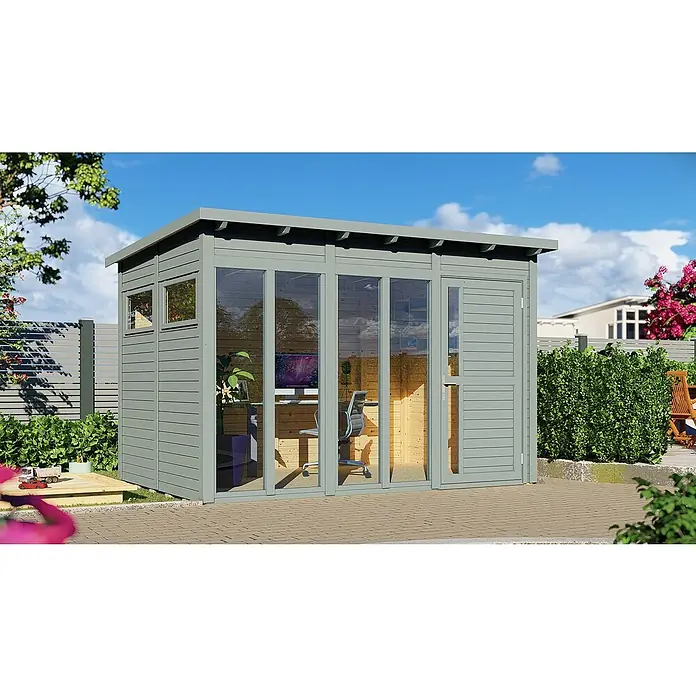 Bertilo Gartenhaus Pentus 3 Office - Außenmaß inkl. Dachüberstand (B x T): 359 x 265 cm, Holz, Hellgrau, Weiß - Modernes Gartenbüro aus Holz mit großen Fenstern und Flachdach, ideal für den Homeoffice-Bereich im Freien.