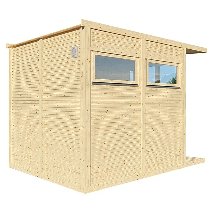 Bertilo Gartenhaus Concept Office - Außenmaß inkl. Dachüberstand (B x T): 237 x 310 cm, Holz, Natur - Abbildung eines hellen Holzgartenhauses mit zwei Fenstern und einem Überhang. Es ist ein modernes und minimalistisches Design.