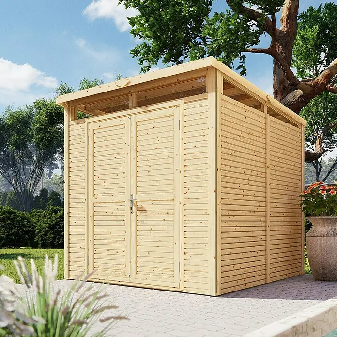Bertilo Gerätehaus Woodline - Außenmaß inkl. Dachüberstand (B x T): 226 x 240 cm, Holz, Natur - Abbildung eines Holzgartenschuppens mit Doppeltüren und Lamellenverkleidung, der sich perfekt zur Aufbewahrung von Gartengeräten eignet.