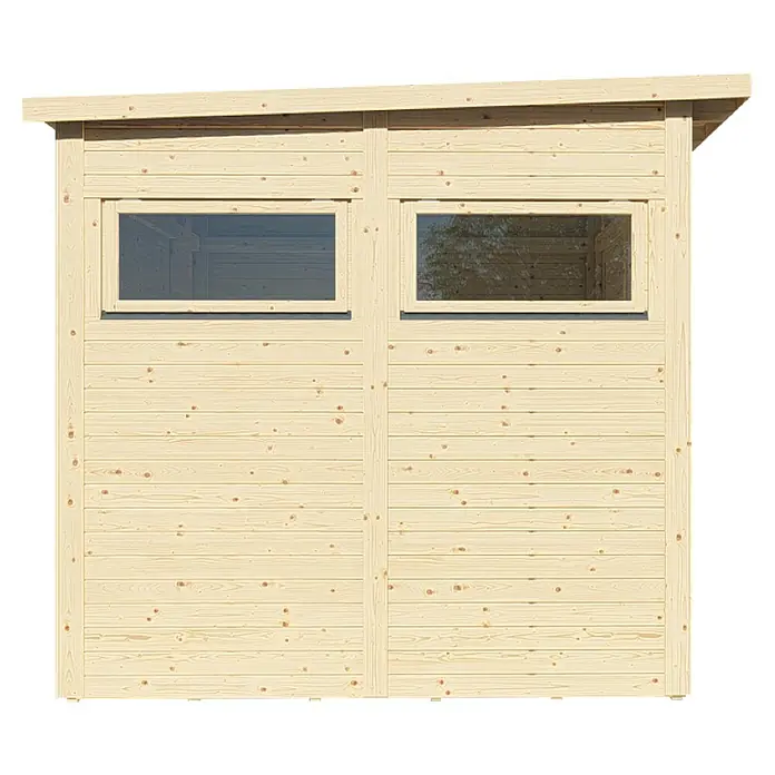 Bertilo Gerätehaus Pentus 2 Lux - Außenmaß inkl. Dachüberstand (B x T): 247 x 265 cm, Holz, Natur - Außenansicht eines Holzgartenschuppens mit zwei Fenstern, die für natürliches Licht und Belüftung sorgen. Das Holz ist hell und hat eine schöne Maserung.