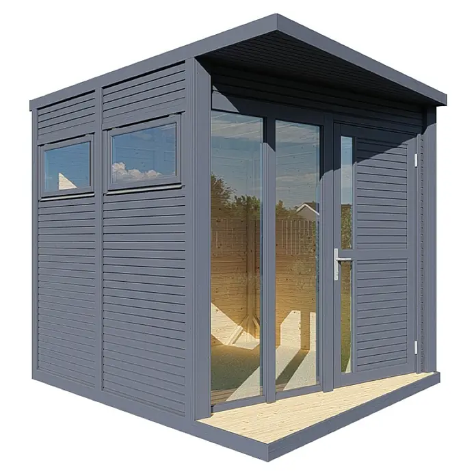 Bertilo Gartenhaus Concept Office - Außenmaß inkl. Dachüberstand (B x T): 237 x 310 cm, Holz, Anthrazit - Modernes Gartenhaus mit grauer Holzverkleidung, großen Fenstern und einer kleinen Veranda für Entspannung im Freien.