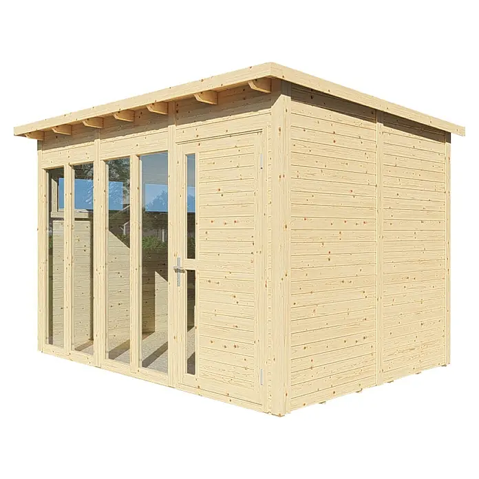 Bertilo Gerätehaus Pentus 3 Office - Außenmaß inkl. Dachüberstand (B x T): 359 x 265 cm, Holz, Natur - Hölzernes Gartenhaus mit Fenstern und Tür. Ideal für Gartenarbeit oder als gemütlicher Rückzugsort im Freien.